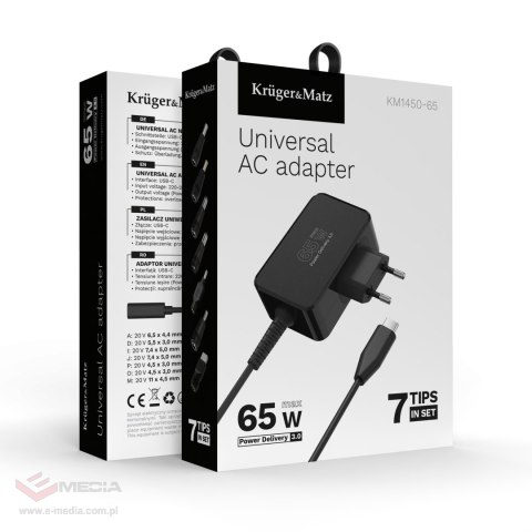 Zasilacz uniwersalny Kruger&Matz 65W z funkcją Power Delivery 7 końcówek