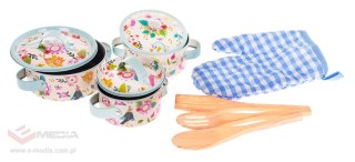 Zestaw aluminiowych Garnków dla dzieci 3+ Akcesoria 10 el. + Przybory kuchenne + Rękawica kuchenna