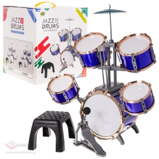 Duża Perkusja 5-bębnowa dla dzieci 3+ Niebieski + Metalowy talerz + 2 Pałki + Krzesełko