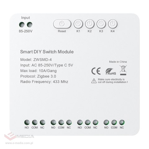 4-kanałowy moduł przełącznika ZigBee ze stykiem beznapięciowym DC 32V Avatto ZWSMMD-4-250V