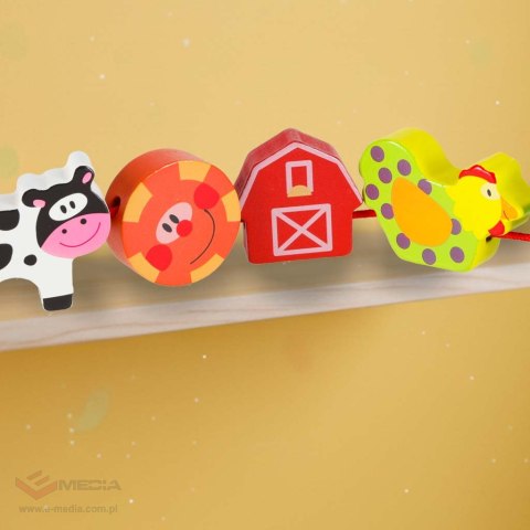 Klocki drewniane do nawlekania tablica plansza farma zwierzęta