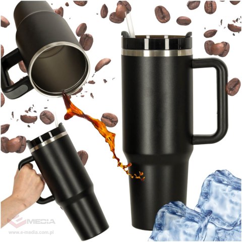 Kubek termiczny ze słomką i uchwytem termos 1200ml czarny