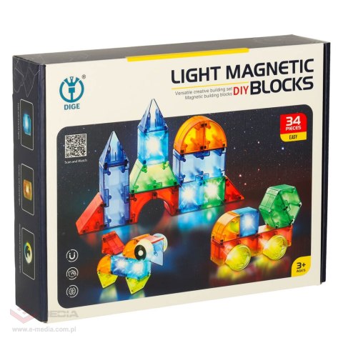 Klocki magnetyczne konstrukcyjne świecące elementy figury 3D 32el.