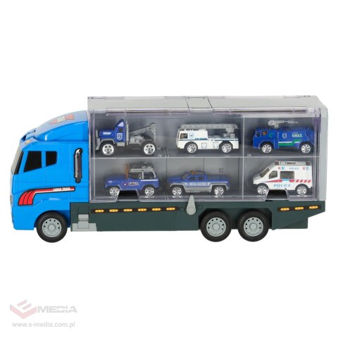 Transporter ciężarówka TIR wyrzutnia + metalowe auta policja