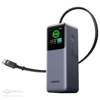 Powerbank 20000mAh Ugreen PB726, USB + USB-C, 165W, ze zwijanym kablem (szary)