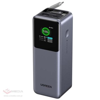 Powerbank 20000mAh Ugreen PB726, USB + USB-C, 165W, ze zwijanym kablem (szary)