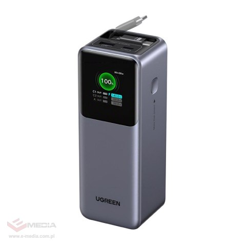 Powerbank 20000mAh Ugreen PB726 USB + USB-C, 165W, wbudowany kabel, certyfikat CCC (szary)