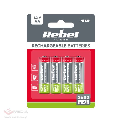 Akumulatorki REBEL AA , 2600 mAh, Ni-MH, 1,2V, 4szt/bl , R6
