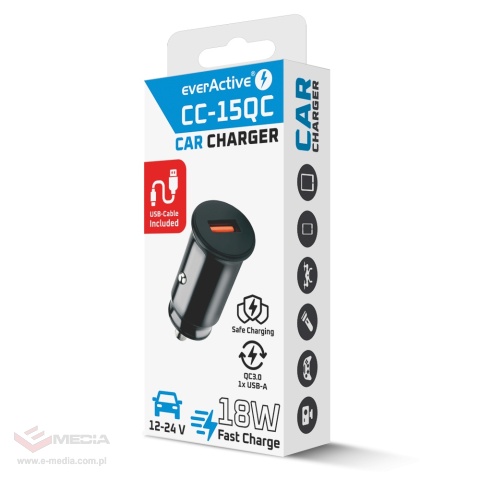 Ładowarka samochodowa everActive CC-15QC z gniazdem USB QC3.0 18W + kabel USB-C 1m