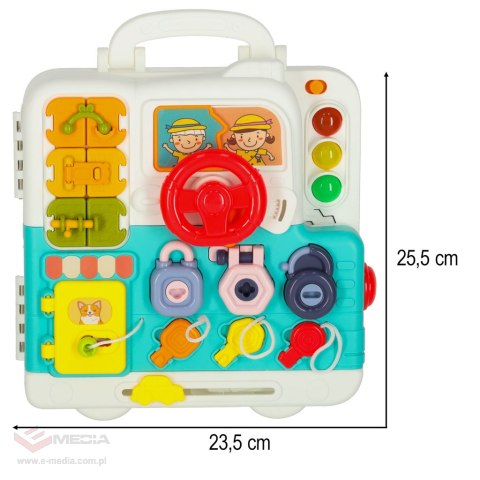Tablica manipulacyjna sensoryczna montessori walizka pokrętła miś XXL światło dźwięk