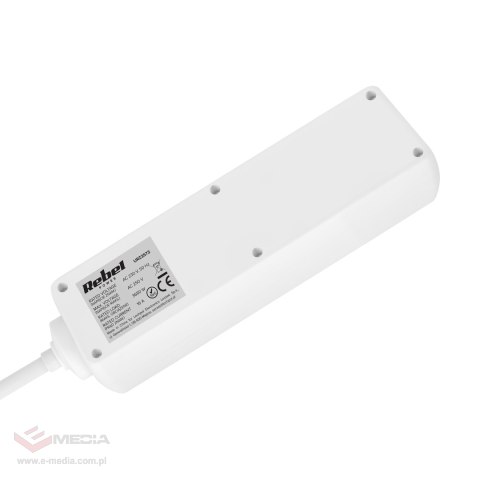 Przedłużacz 3 gniazda 5m typu niemieckiego z przełącznikiem (3x1,5mm) Rebel biały