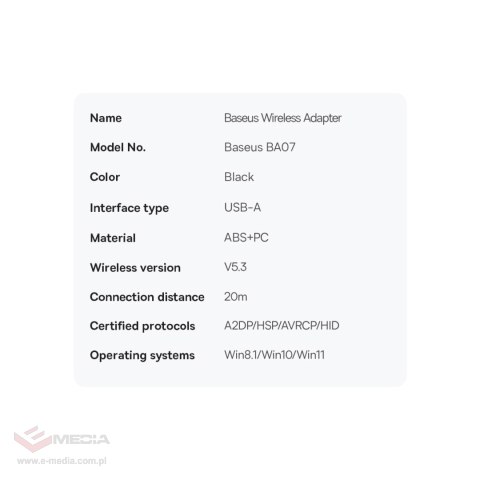 Adapter Bluetooth USB Baseus BA07 - czarny
