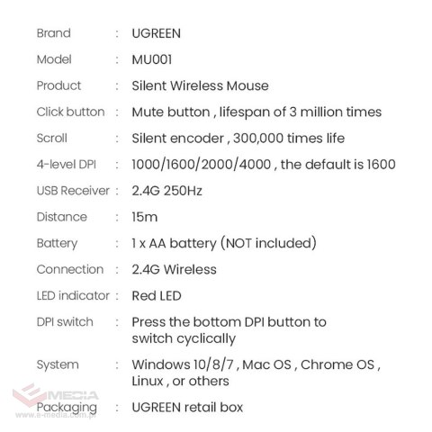 Ugreen poręczna myszka bezprzewodowa USB zielony (MU001)