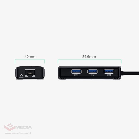 Adapter sieciowy Ugreen 20265 USB-A / RJ45 1000 Mbps HUB 3x USB 3.0 - czarny