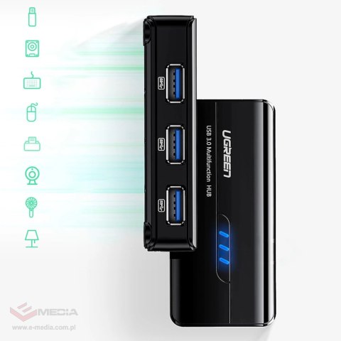 Adapter sieciowy Ugreen 20265 USB-A / RJ45 1000 Mbps HUB 3x USB 3.0 - czarny
