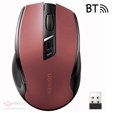 Mysz optyczna Ugreen MU006 bezprzewodowa USB 2.4GHz / Bluetooth 5.0 4000 DPI - czerwona
