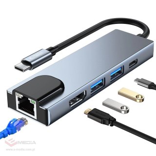 HUB Tech-Protect V3 5w1 USB-C - USB-A 3.0 / USB-A 2.0 / USB-C / HDMI / RJ45 - szary