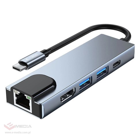 HUB Tech-Protect V3 5w1 USB-C - USB-A 3.0 / USB-A 2.0 / USB-C / HDMI / RJ45 - szary