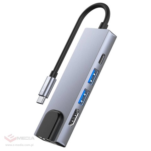 HUB Tech-Protect V3 5w1 USB-C - USB-A 3.0 / USB-A 2.0 / USB-C / HDMI / RJ45 - szary