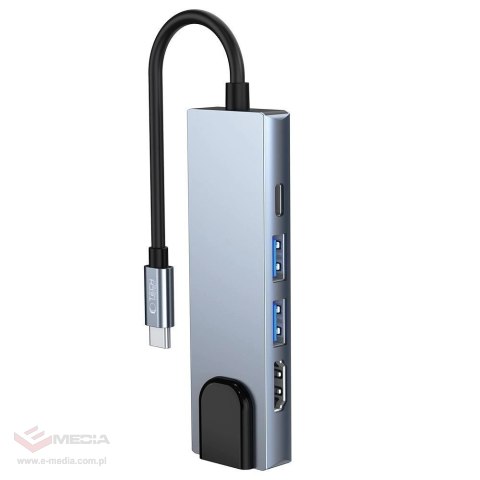 HUB Tech-Protect V3 5w1 USB-C - USB-A 3.0 / USB-A 2.0 / USB-C / HDMI / RJ45 - szary