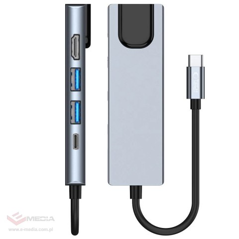 HUB Tech-Protect V3 5w1 USB-C - USB-A 3.0 / USB-A 2.0 / USB-C / HDMI / RJ45 - szary