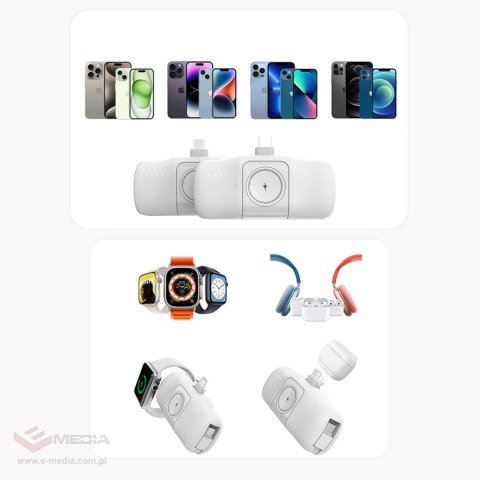 Mini powerbank Wozinsky WF16-YCS 5000mAh 15W USB-C z wbudowanym kablem USB-C i ładowarką do Apple Watch - biały