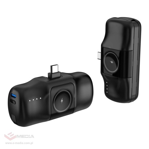Mini powerbank Wozinsky WF16-YCS 5000mAh 15W USB-C z wbudowanym kablem USB-C i ładowarką do Apple Watch - czarny