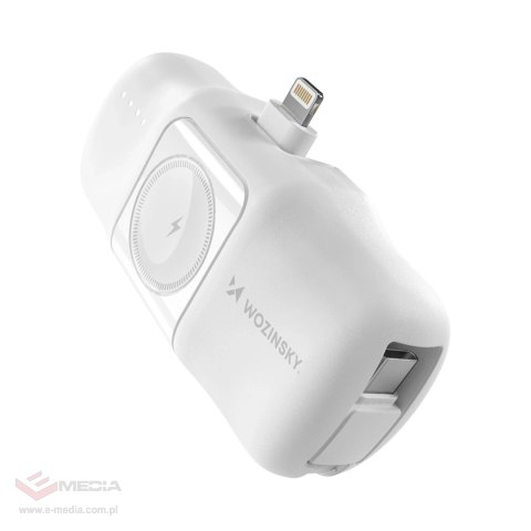 Mini powerbank Wozinsky WF16-YLS 5000mAh 15W Lightning z wbudowanym kablem USB-C i ładowarką do Apple Watch - biały