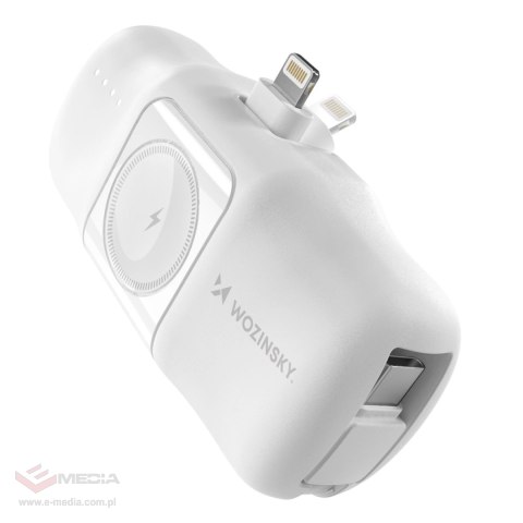 Mini powerbank Wozinsky WF16-YLS 5000mAh 15W Lightning z wbudowanym kablem USB-C i ładowarką do Apple Watch - biały