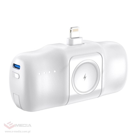 Mini powerbank Wozinsky WF16-YLS 5000mAh 15W Lightning z wbudowanym kablem USB-C i ładowarką do Apple Watch - biały