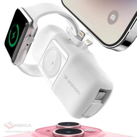 Mini powerbank Wozinsky WF16-YLS 5000mAh 15W Lightning z wbudowanym kablem USB-C i ładowarką do Apple Watch - biały