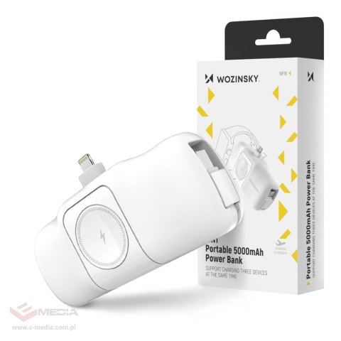 Mini powerbank Wozinsky WF16-YLS 5000mAh 15W Lightning z wbudowanym kablem USB-C i ładowarką do Apple Watch - biały