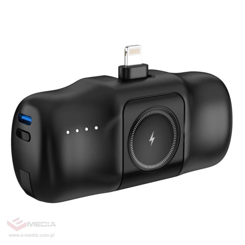 Mini powerbank Wozinsky WF16-YLS 5000mAh 15W Lightning z wbudowanym kablem USB-C i ładowarką do Apple Watch - czarny