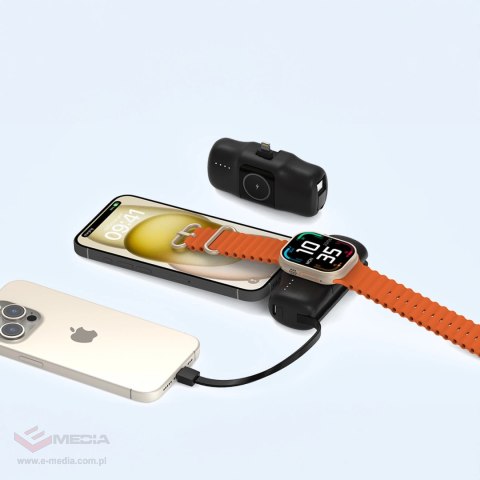 Mini powerbank Wozinsky WF16-YLS 5000mAh 15W Lightning z wbudowanym kablem USB-C i ładowarką do Apple Watch - czarny