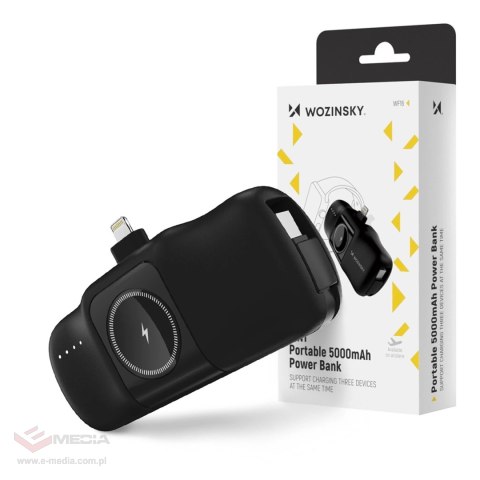 Mini powerbank Wozinsky WF16-YLS 5000mAh 15W Lightning z wbudowanym kablem USB-C i ładowarką do Apple Watch - czarny