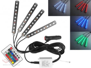 Oświetlenie wnętrza auta/kabiny, 4 x listwa RGB 9 x LED wodoodporna + sterownik/pilot/wtyk zapalniczki IP54.