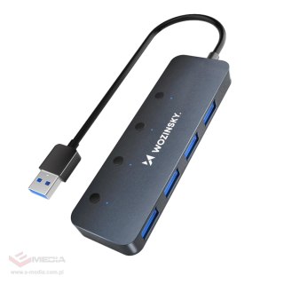 Hub USB-A Wozinsky WHS080YSS 4 x USB-A 3.0 z indywidualnymi włącznikami, aluminiowy, z kablem 15 cm - szary