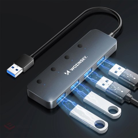 Hub USB-A Wozinsky WHS080YSS 4 x USB-A 3.0 z indywidualnymi włącznikami, aluminiowy, z kablem 15 cm - szary