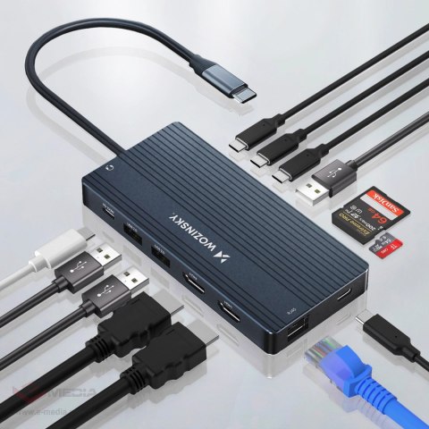 Hub USB-C 14 w 1 Wozinsky WDS03Y5S wielofunkcyjny, aluminiowy, do 3 monitorów, z kablem 15 cm - szary