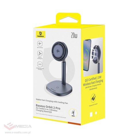 Ładowarka indukcyjna Baseus Orbit 2 Pro MagSafe Qi2 20W 2 w 1 z chłodzeniem - szara