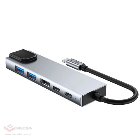 Adapter Tech-Protect HB02 HUB Adapter 6w1 USB-C + USB2.0 + USB3.0 + HDMI 4K 30Hz + RJ45 + PD100W - szary