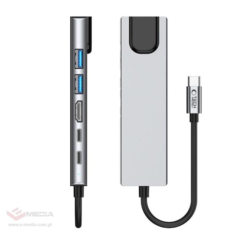 Adapter Tech-Protect HB02 HUB Adapter 6w1 USB-C + USB2.0 + USB3.0 + HDMI 4K 30Hz + RJ45 + PD100W - szary