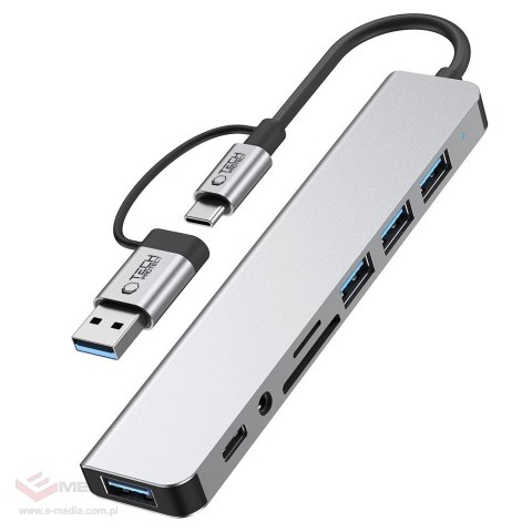 Adapter Tech-Protect HB06 HUB Adapter 8w1 TYP-C + USB2.0 + USB3.0 + SD/TF + AV3.5 - szary