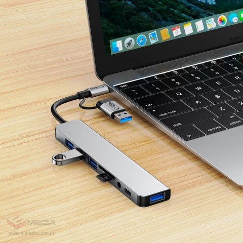Adapter Tech-Protect HB06 HUB Adapter 8w1 TYP-C + USB2.0 + USB3.0 + SD/TF + AV3.5 - szary