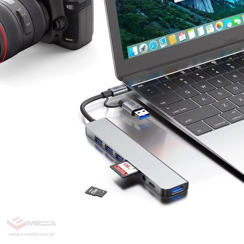 Adapter Tech-Protect HB06 HUB Adapter 8w1 TYP-C + USB2.0 + USB3.0 + SD/TF + AV3.5 - szary