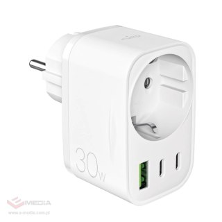 Ładowarka Puro 30W Power Delivery z wtyczką i gniazdem Schuko 2x USB-C + 1x USB-A - biała