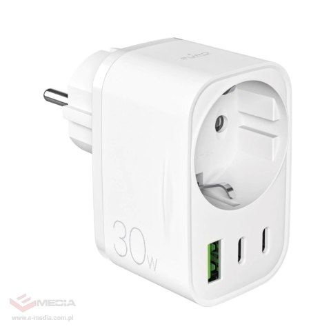 Ładowarka Puro 30W Power Delivery z wtyczką i gniazdem Schuko 2x USB-C + 1x USB-A - biała