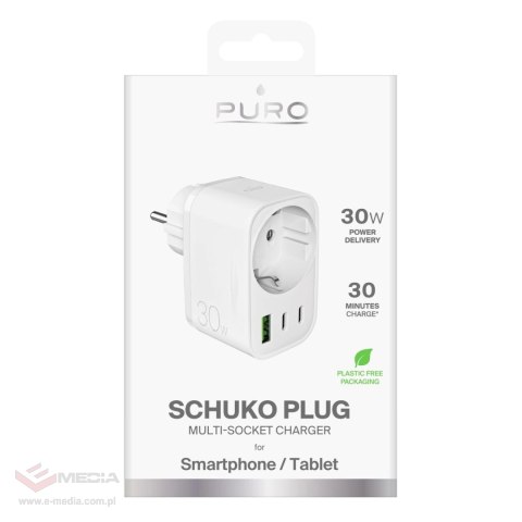 Ładowarka Puro 30W Power Delivery z wtyczką i gniazdem Schuko 2x USB-C + 1x USB-A - biała