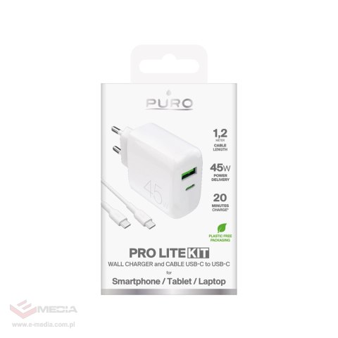 Ładowarka Puro Daily Prolite 45W USB-C USB-A Power Delivery z kablem USB-C - biała