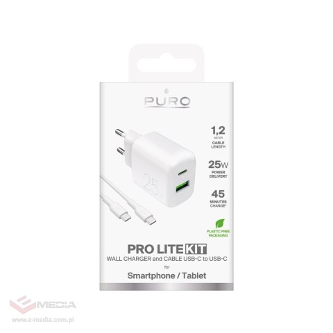 Ładowarka sieciowa Puro PROLITE 25W USB-A / USB-C + kabel USB-C - USB-C 1.2m - biała